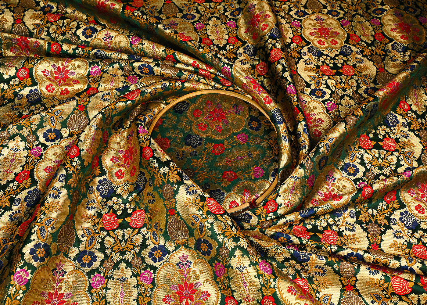 Bottle Green Banarasi Brocade Fabric With All Over Golden Zari Handloom 23379