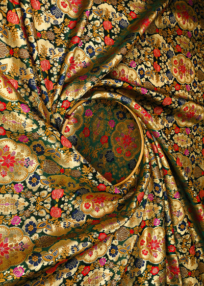 Bottle Green Banarasi Brocade Fabric With All Over Golden Zari Handloom 23379