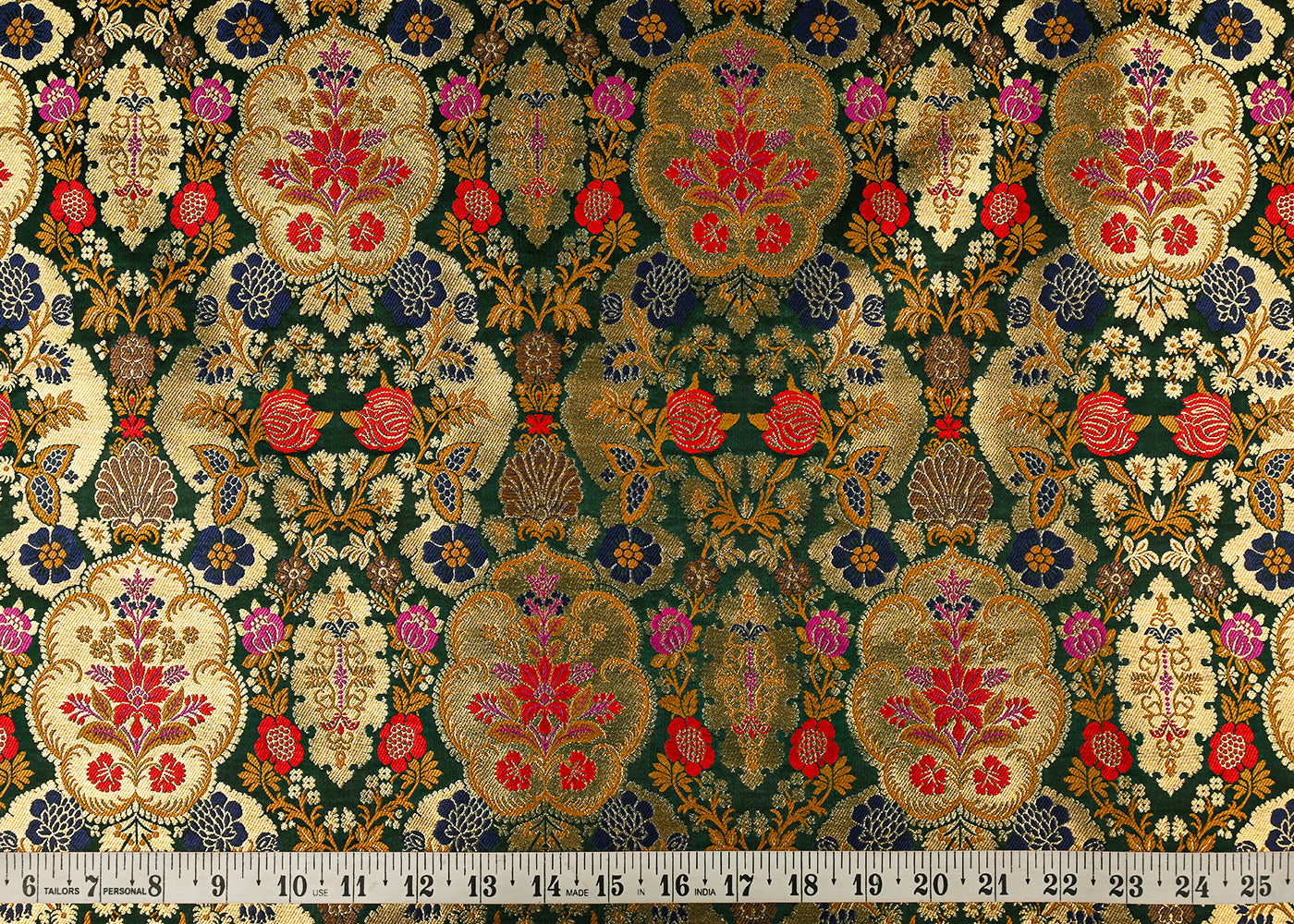 Bottle Green Banarasi Brocade Fabric With All Over Golden Zari Handloom 23379