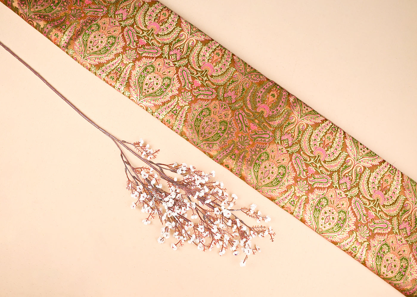 Dark Beige Banarasi Brocade Fabric With All Over Golden Zari Handloom 23380
