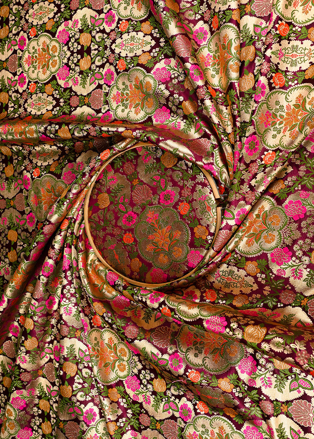 Wine Banarasi Brocade Fabric With All Over Golden Zari Handloom 23381