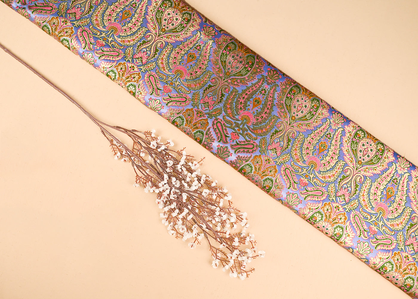 Lavender Banarasi Brocade Fabric With All Over Golden Zari Handloom 23384