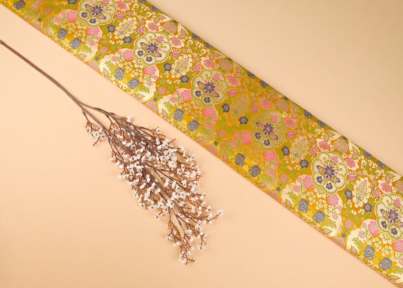 Mustard Banarasi Brocade Fabric With All Over Golden Zari Handloom 23385