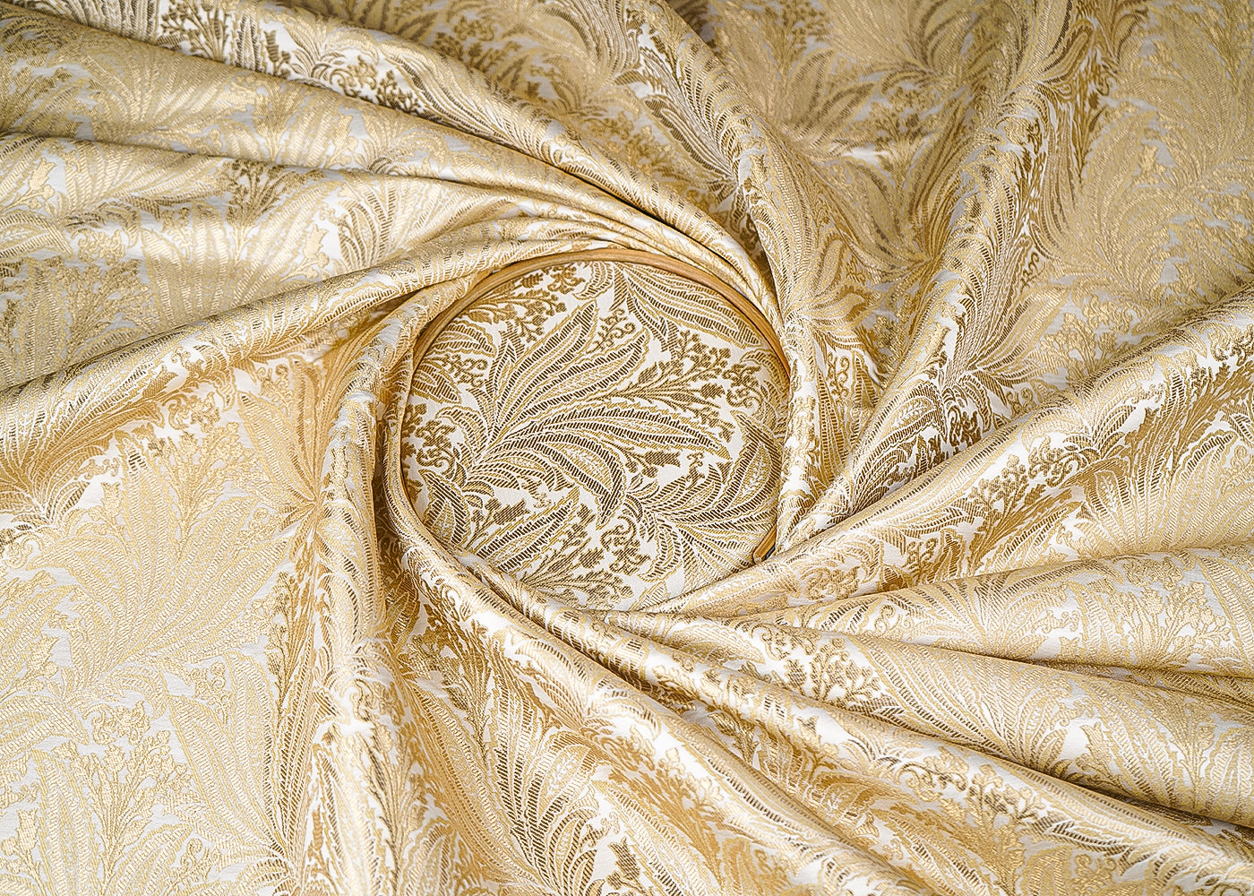 White Banarasi Brocade Fabric With All Over Golden Zari Handloom 23388