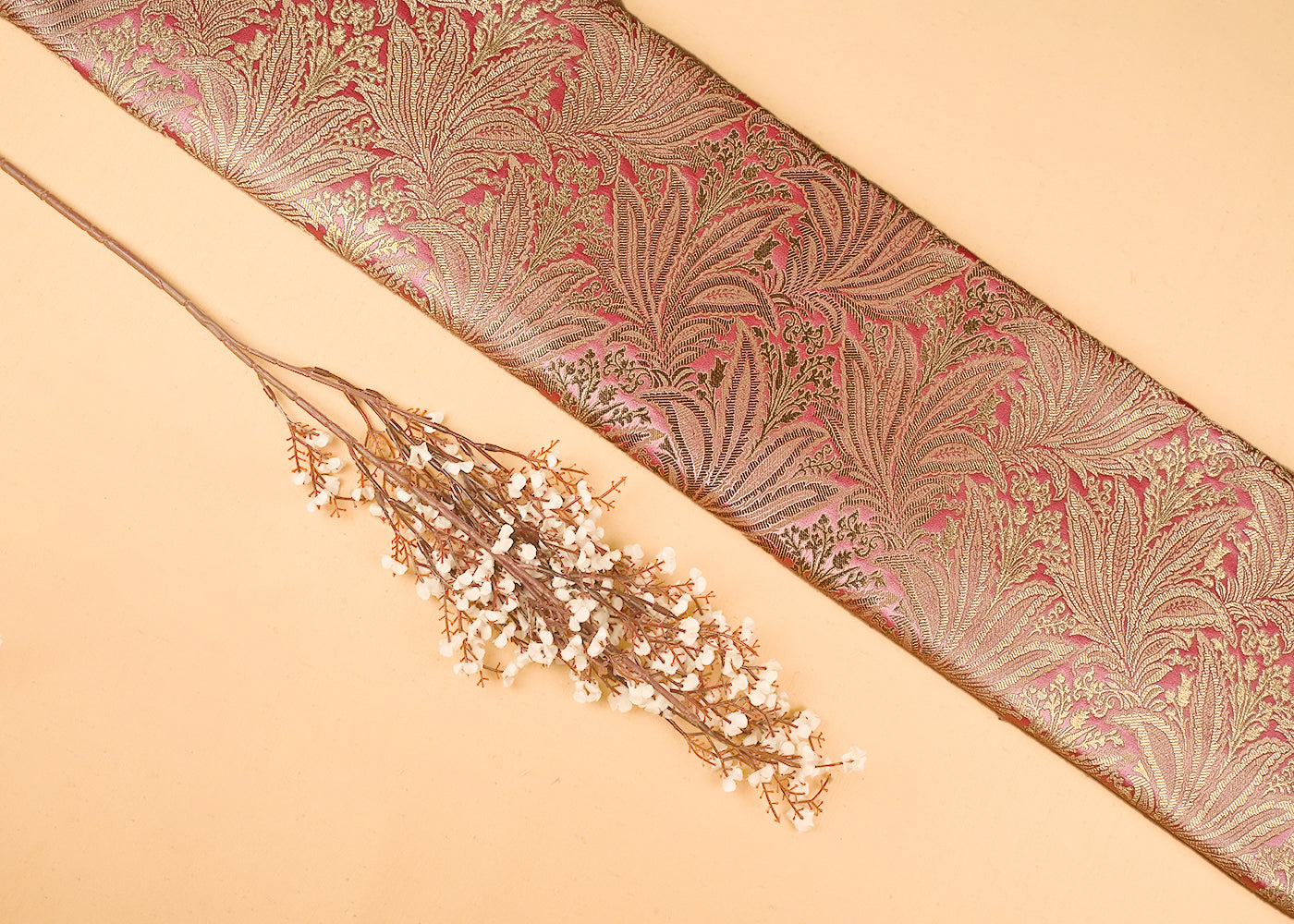 Light Pink Banarasi Brocade Fabric With All Over Golden Zari Handloom 23389