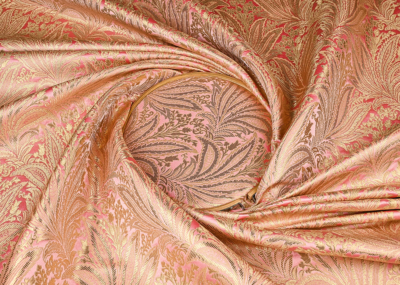 Light Pink Banarasi Brocade Fabric With All Over Golden Zari Handloom 23389