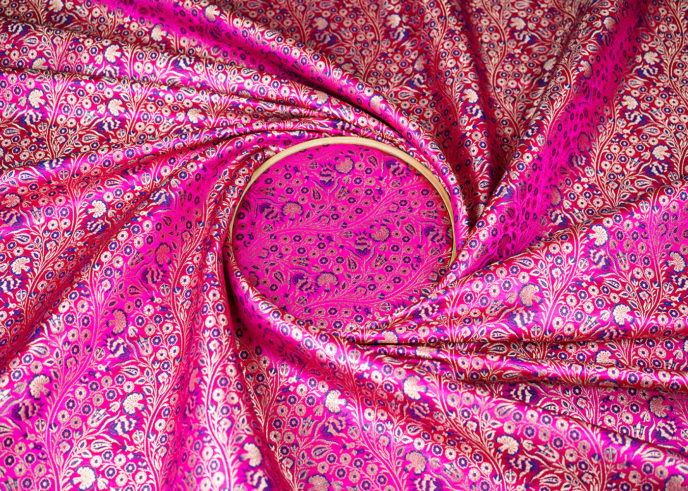 Rani Pink Banarasi Brocade Fabric With All Over Golden Zari Handloom 23391