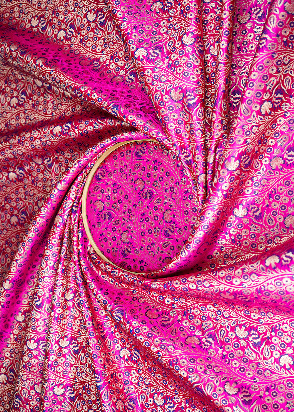 Rani Pink Banarasi Brocade Fabric With All Over Golden Zari Handloom 23391