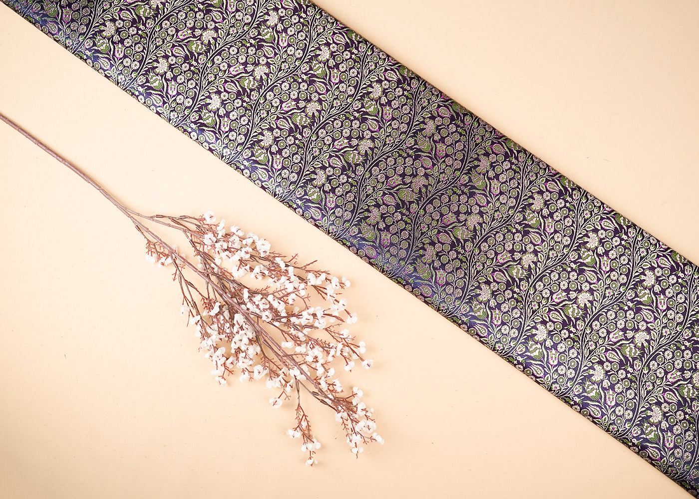 Purple Banarasi Brocade Fabric With All Over Golden Zari Handloom 23393