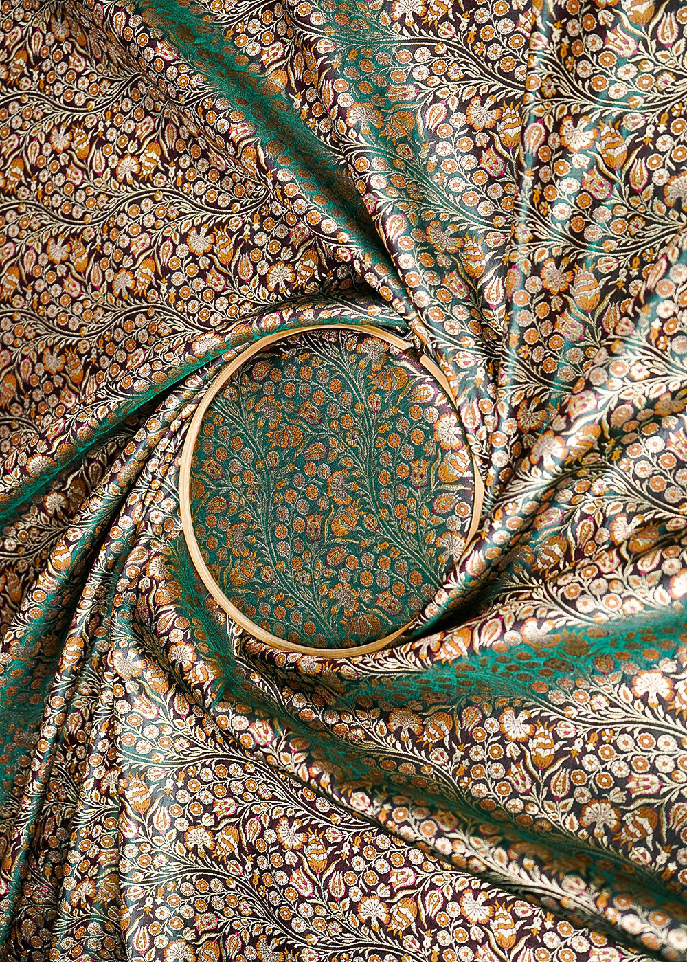 Green Banarasi Brocade Fabric With All Over Golden Zari Handloom 23394