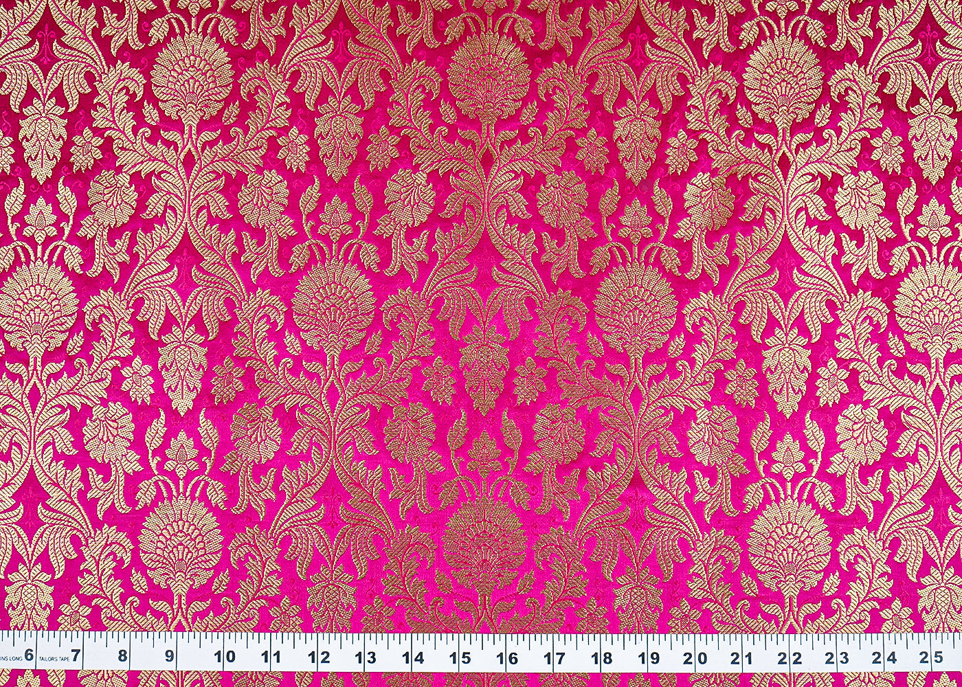 Rani Pink Banarasi Brocade Fabric With All Over Golden Zari Handloom 23396