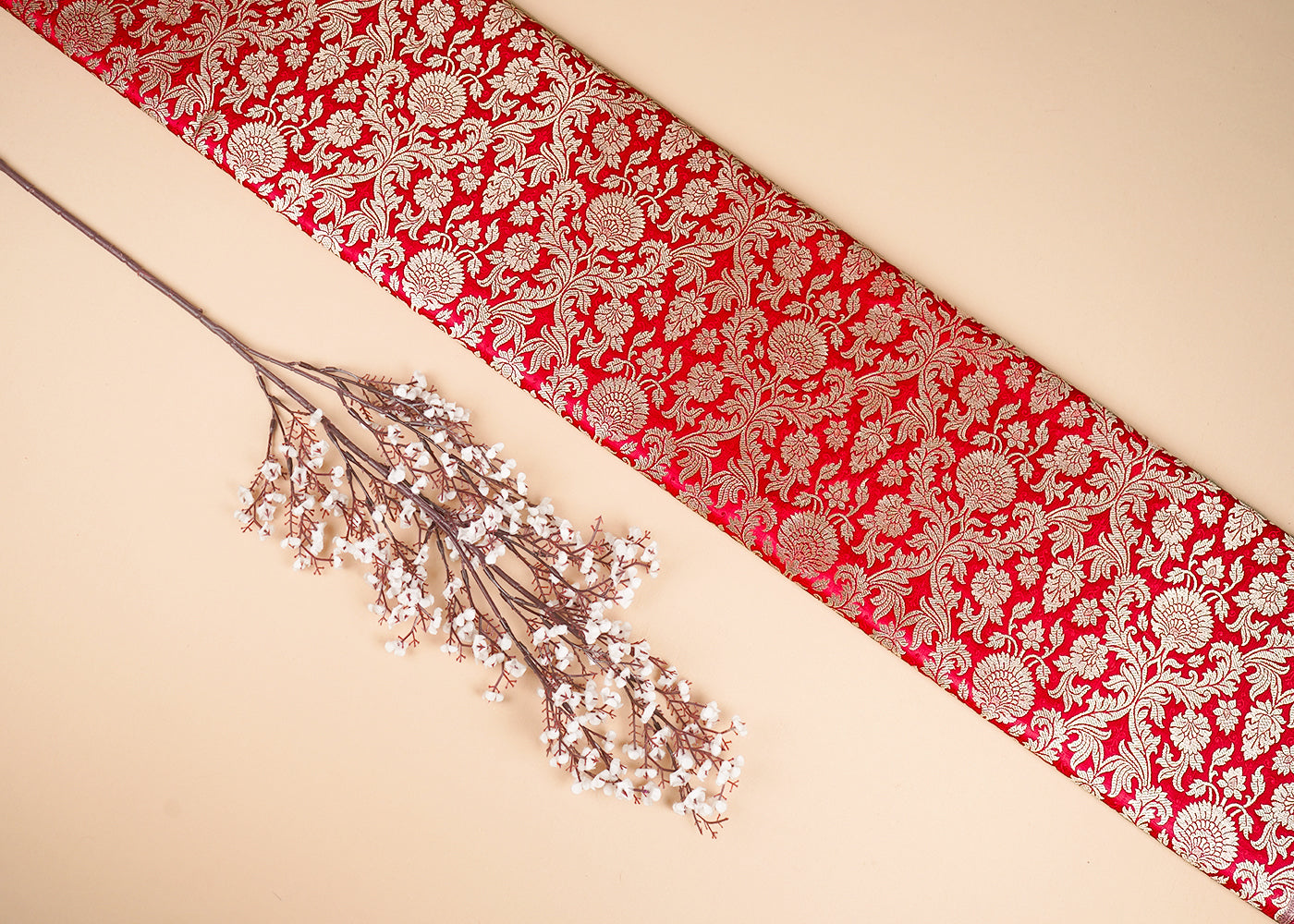 Red Banarasi Brocade Fabric With All Over Golden Zari Handloom 23397