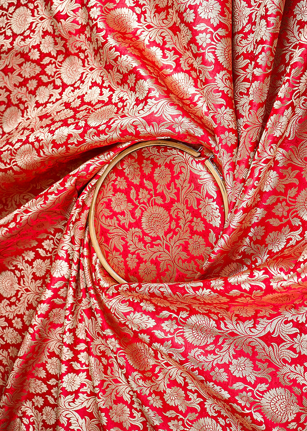 Red Banarasi Brocade Fabric With All Over Golden Zari Handloom 23397