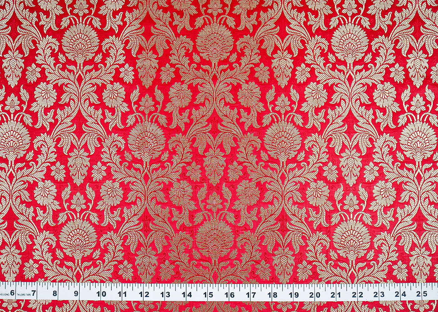 Red Banarasi Brocade Fabric With All Over Golden Zari Handloom 23397