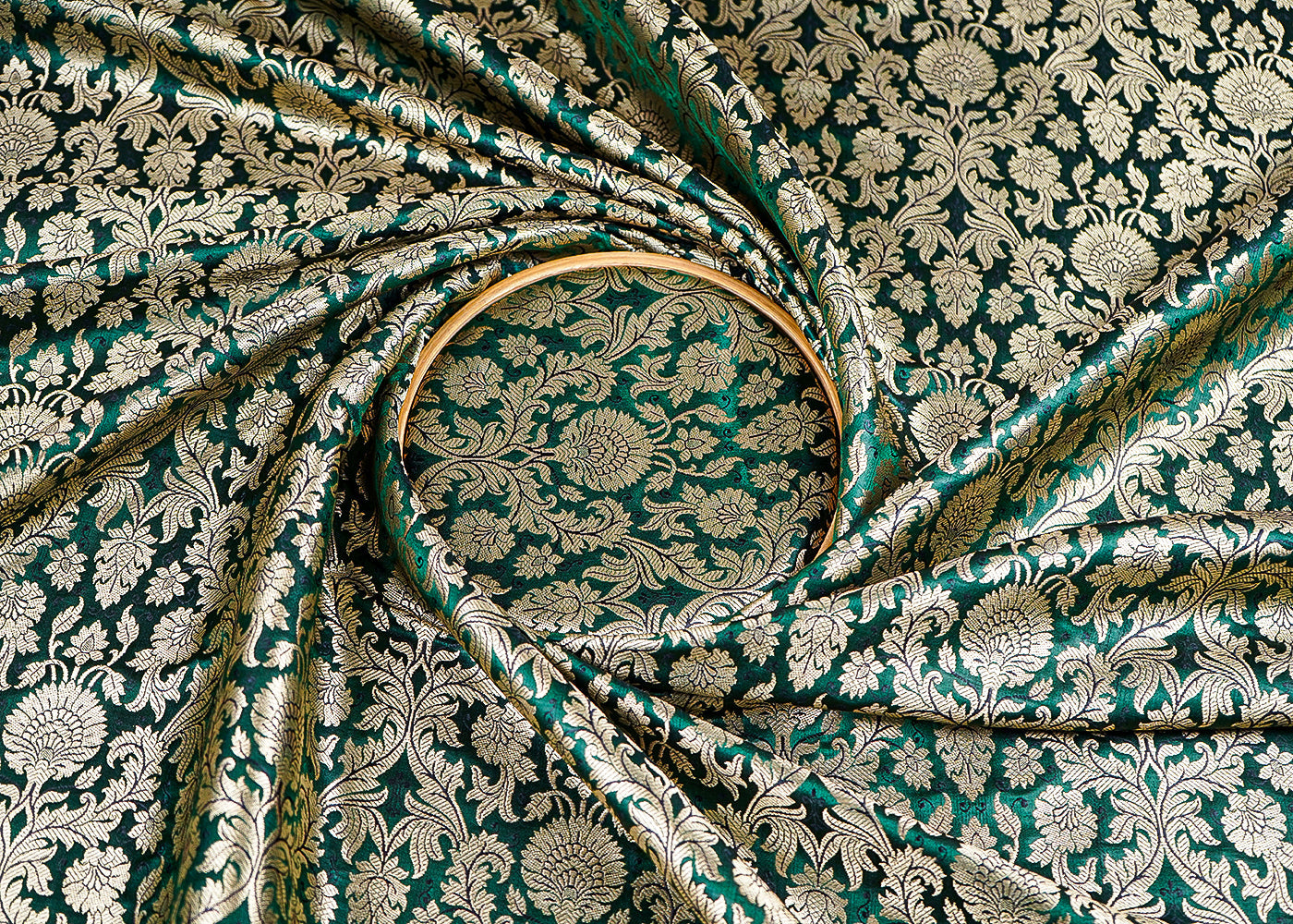 Bottle Green Banarasi Brocade Fabric With All Over Golden Zari Handloom 23398