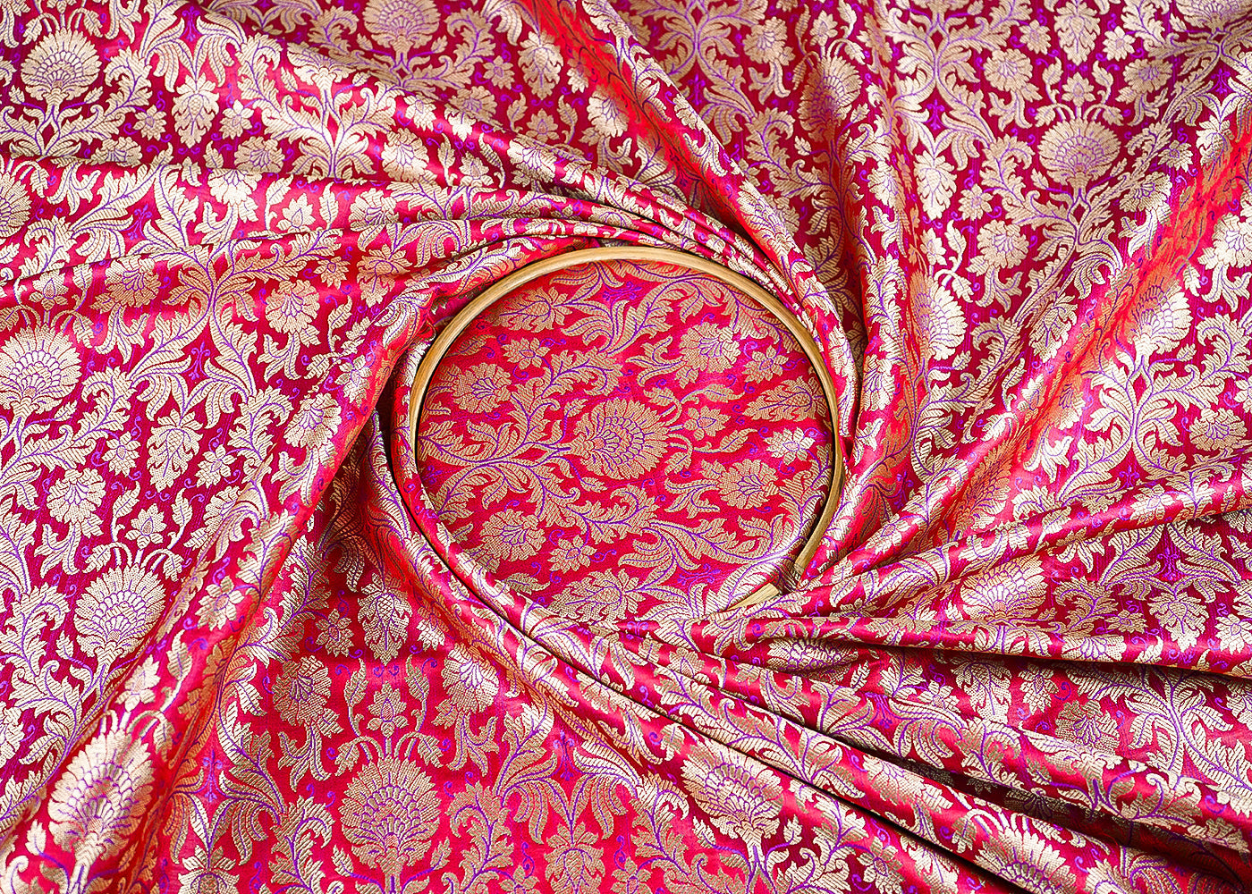 Dark Red Banarasi Brocade Fabric With All Over Golden Zari Handloom 23399