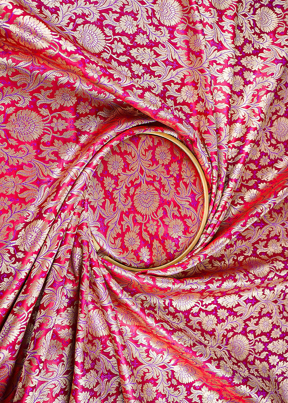 Dark Red Banarasi Brocade Fabric With All Over Golden Zari Handloom 23399