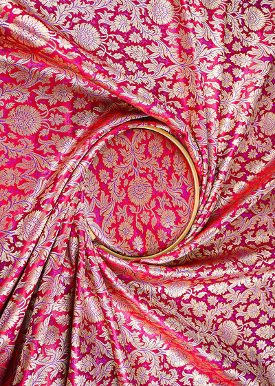 Dark Red Banarasi Brocade Fabric With All Over Golden Zari Handloom 23399
