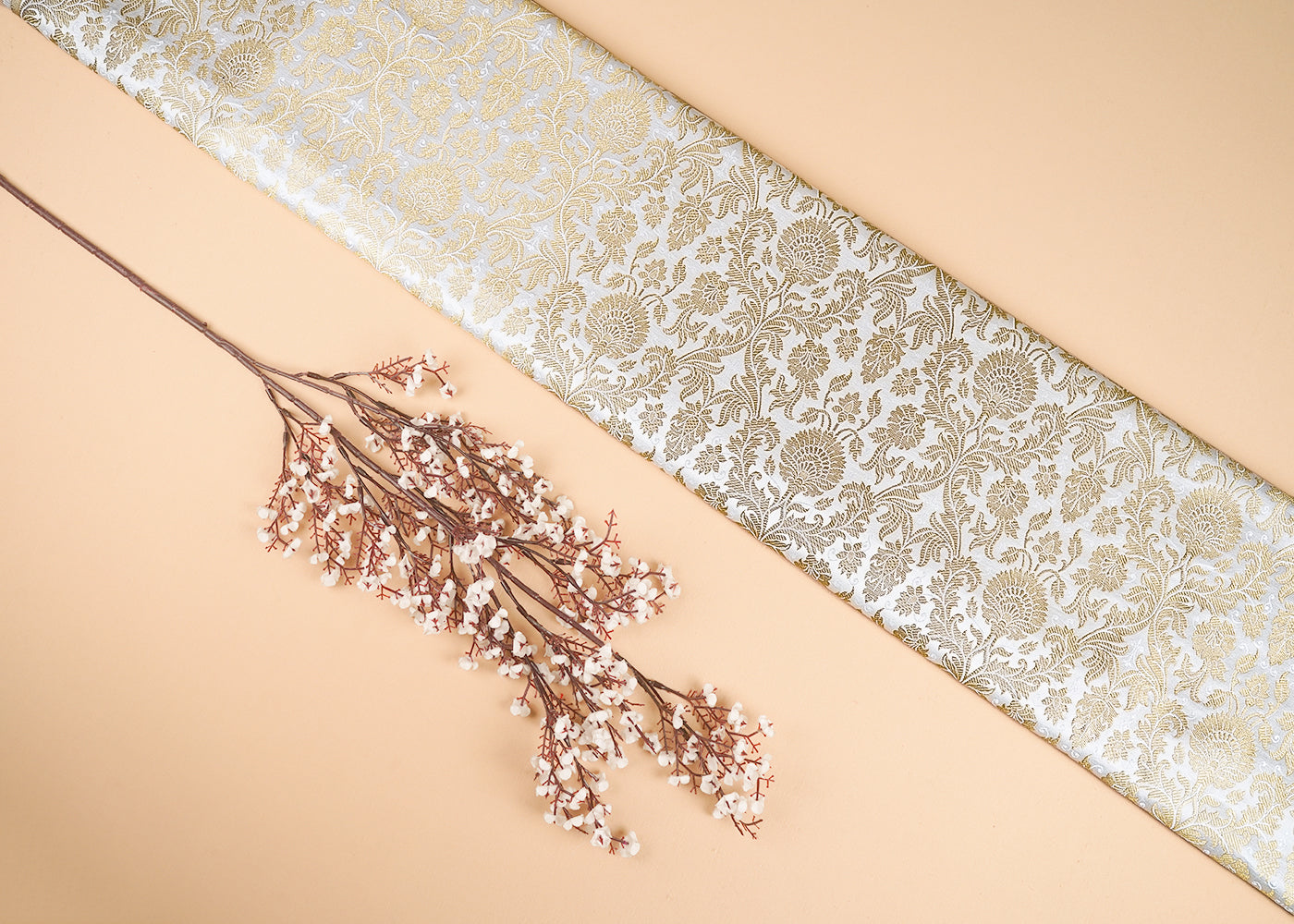 Off White Banarasi Brocade Fabric With All Over Golden Zari Handloom 23401