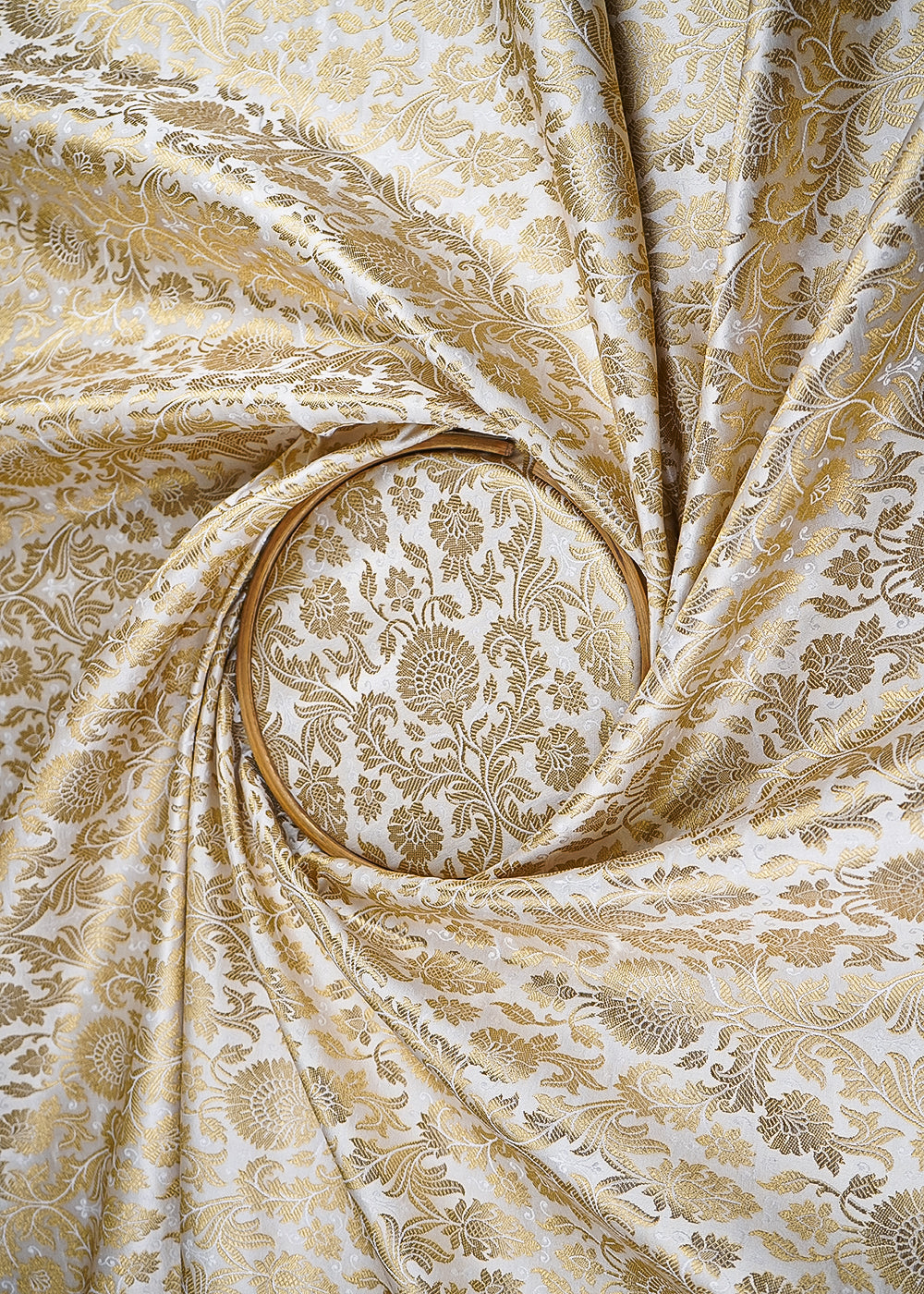 Off White Banarasi Brocade Fabric With All Over Golden Zari Handloom 23401