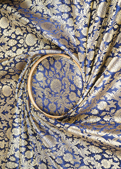 Navy Blue Banarasi Brocade Fabric With All Over Golden Zari Handloom 23402