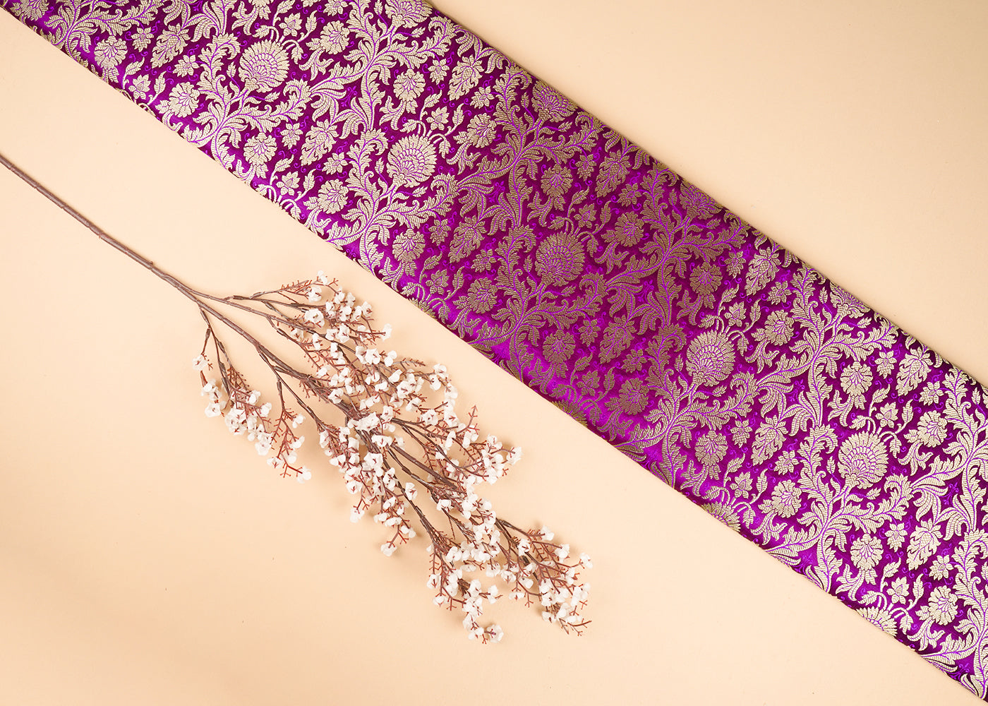 Purple Banarasi Brocade Fabric With All Over Golden Zari Handloom 23404