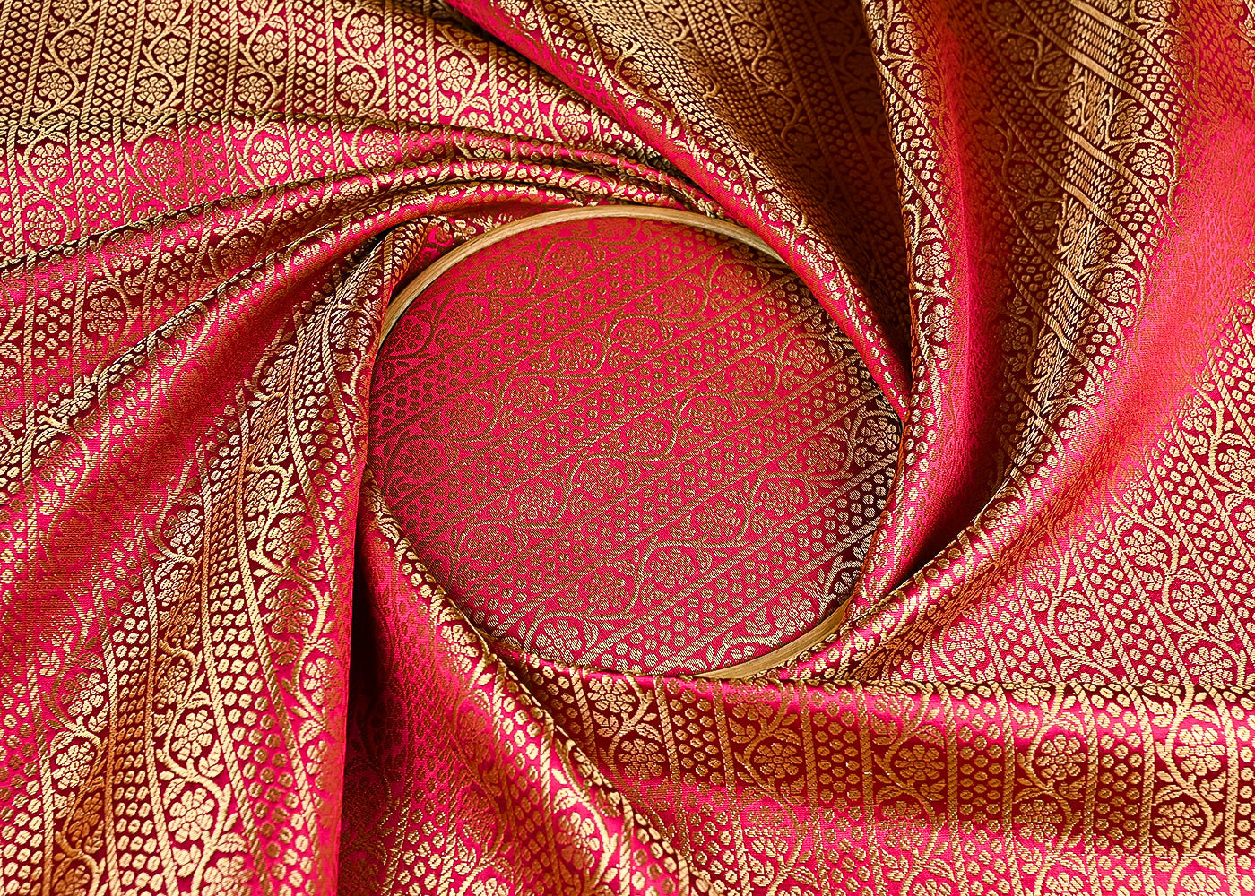 Rani Pink Banarasi Brocade Fabric With All Over Golden Zari Handloom 23416