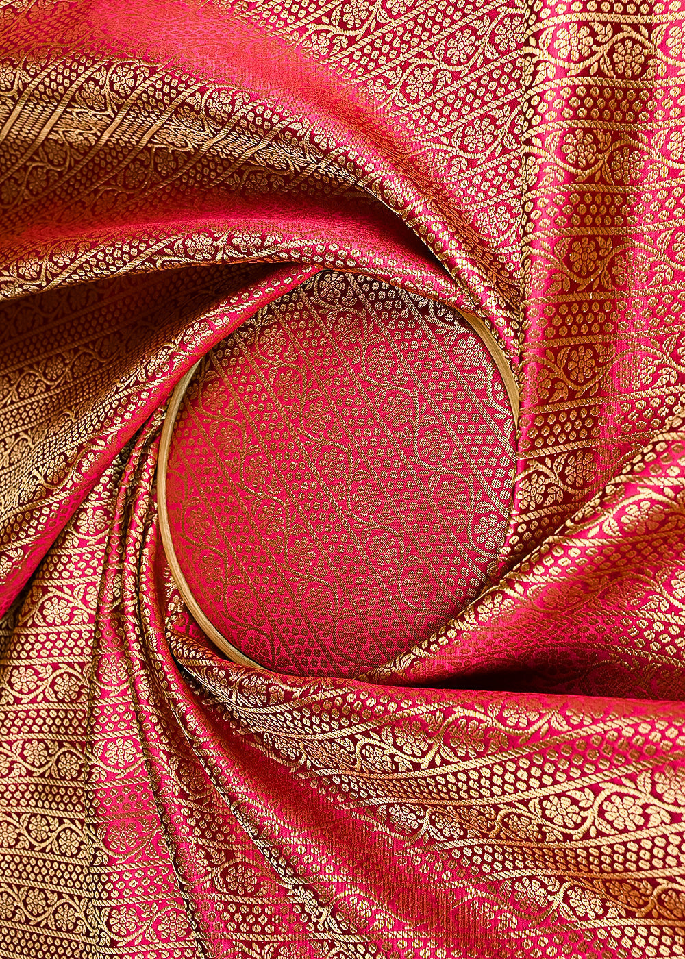 Rani Pink Banarasi Brocade Fabric With All Over Golden Zari Handloom 23416