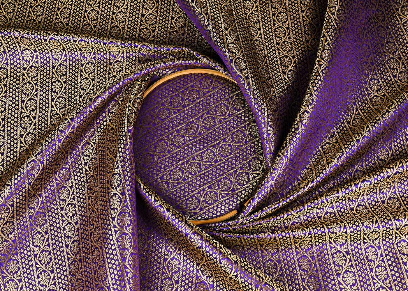 Blue Banarasi Brocade Fabric With All Over Golden Zari Handloom 23417