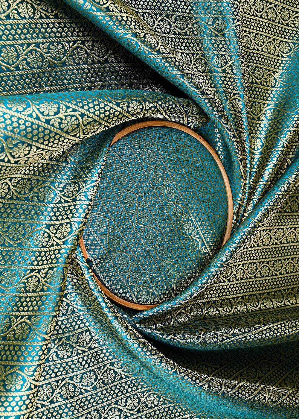 Rama Green Banarasi Brocade Fabric With All Over Golden Zari Handloom 23418
