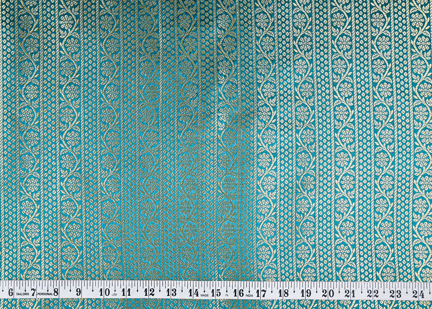 Teal Blue Banarasi Brocade Fabric With All Over Golden Zari Handloom 23418
