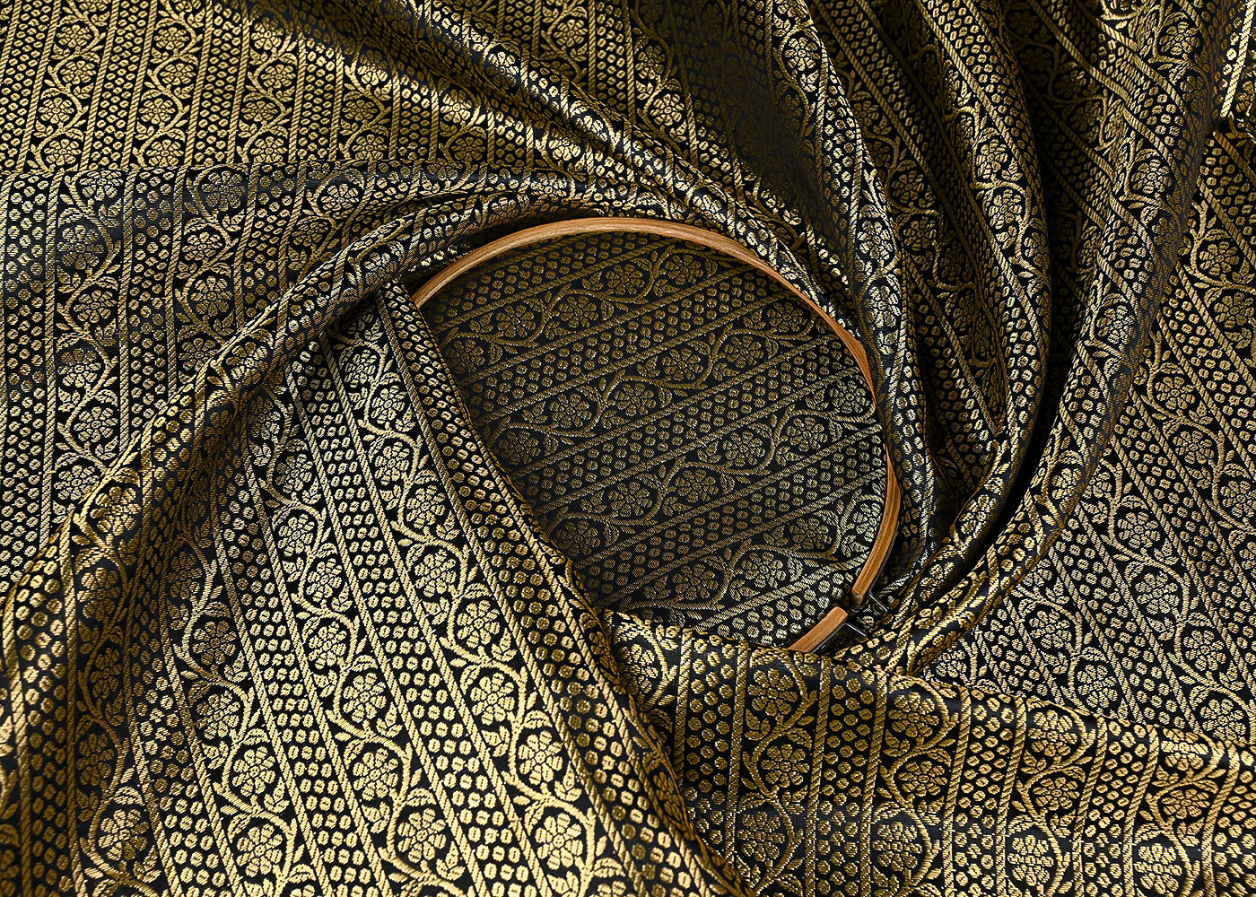 Black Banarasi Brocade Fabric With All Over Golden Zari Handloom 23419