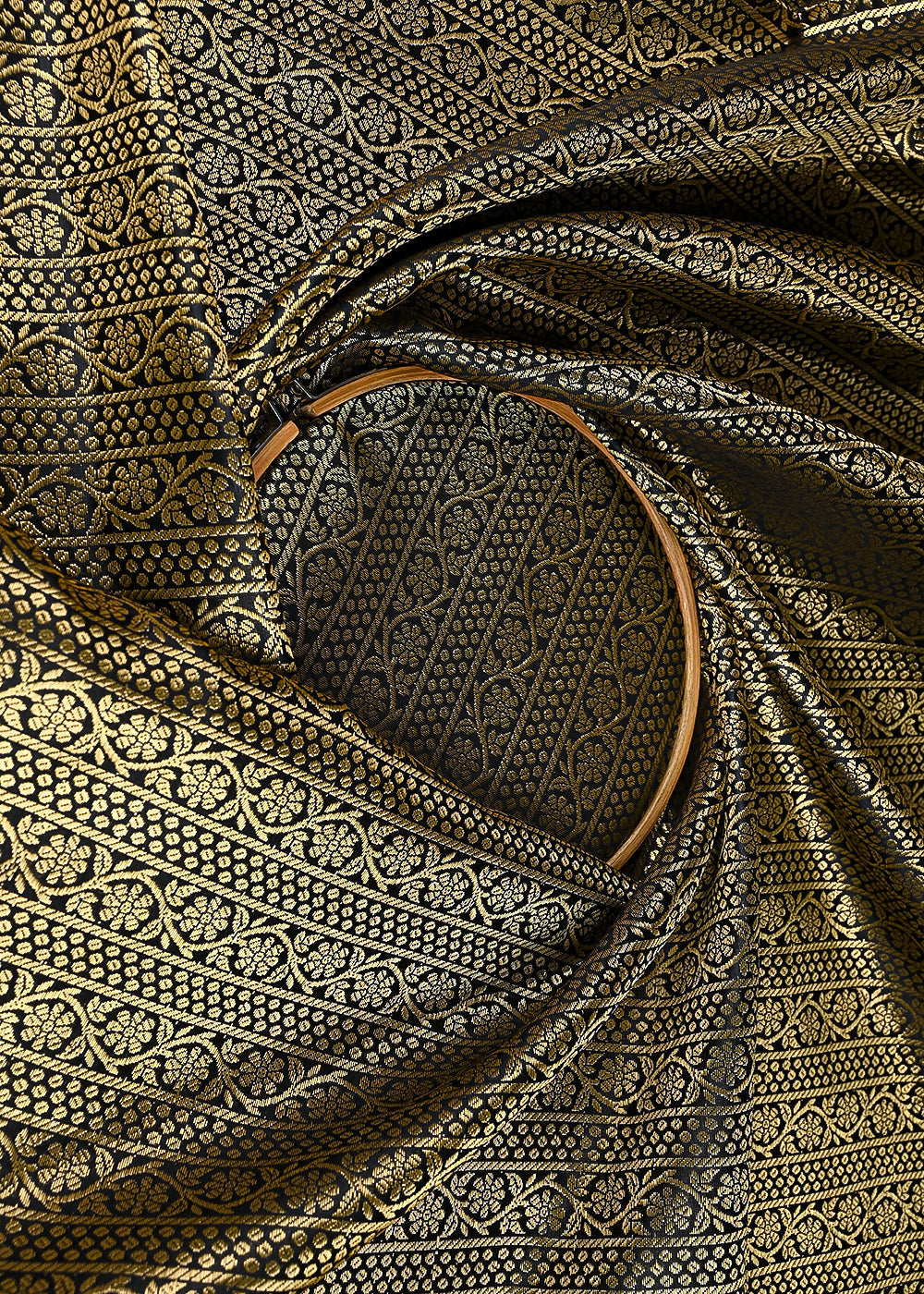 Black Banarasi Brocade Fabric With All Over Golden Zari Handloom 23419