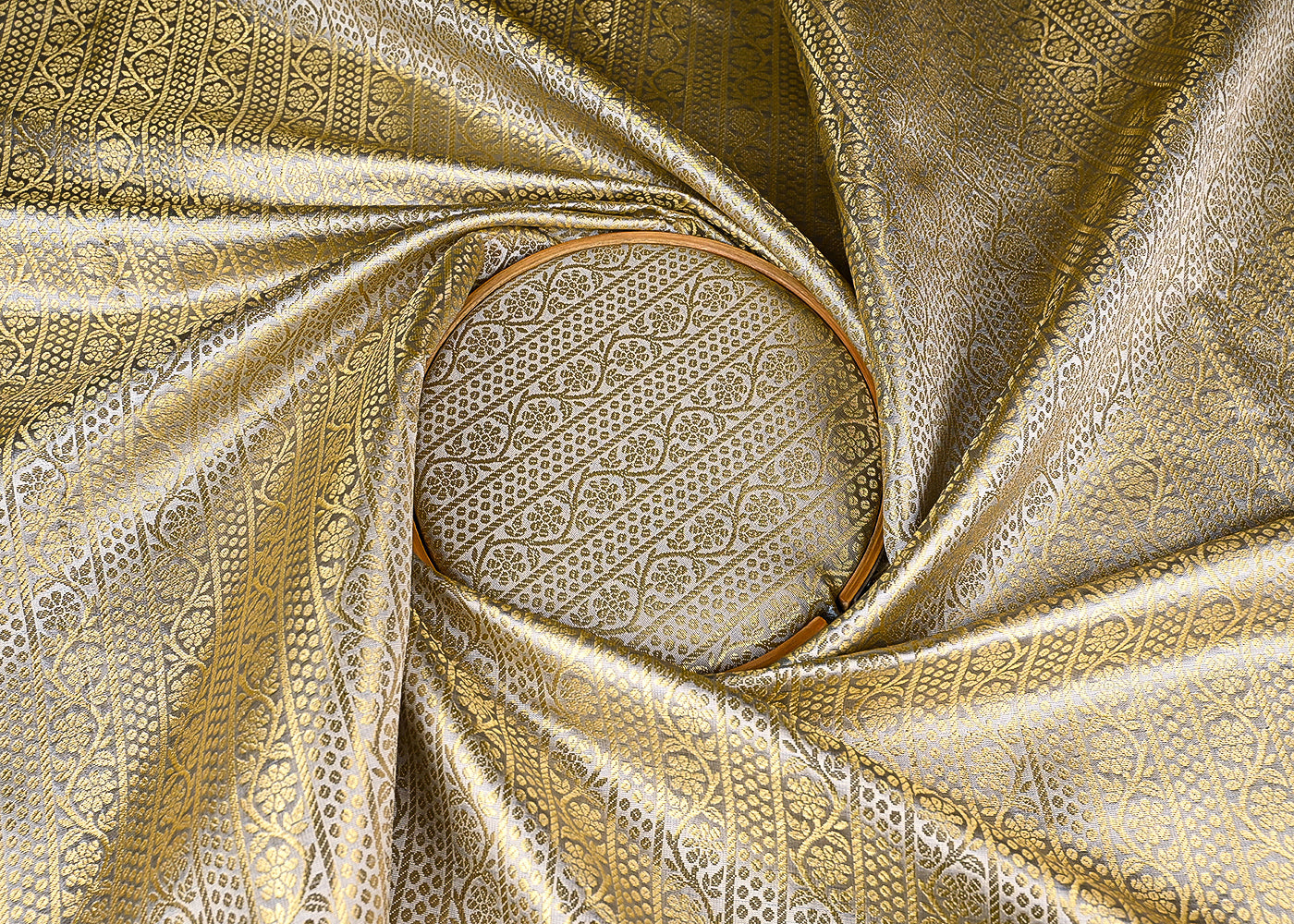Grey Banarasi Brocade Fabric With All Over Golden Zari Handloom 23420