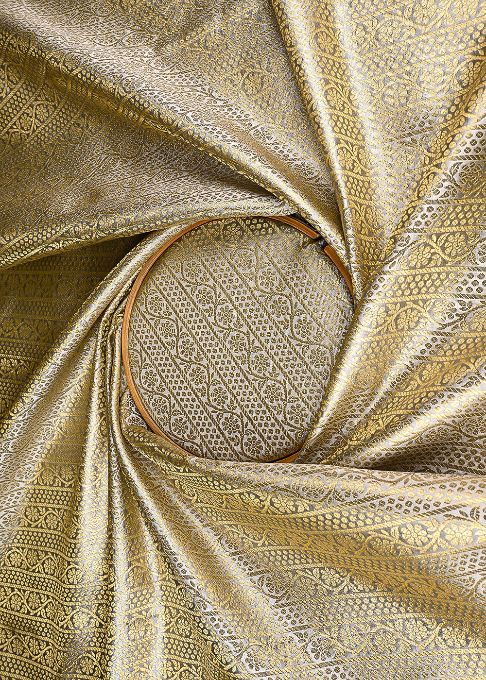 Grey Banarasi Brocade Fabric With All Over Golden Zari Handloom 23420