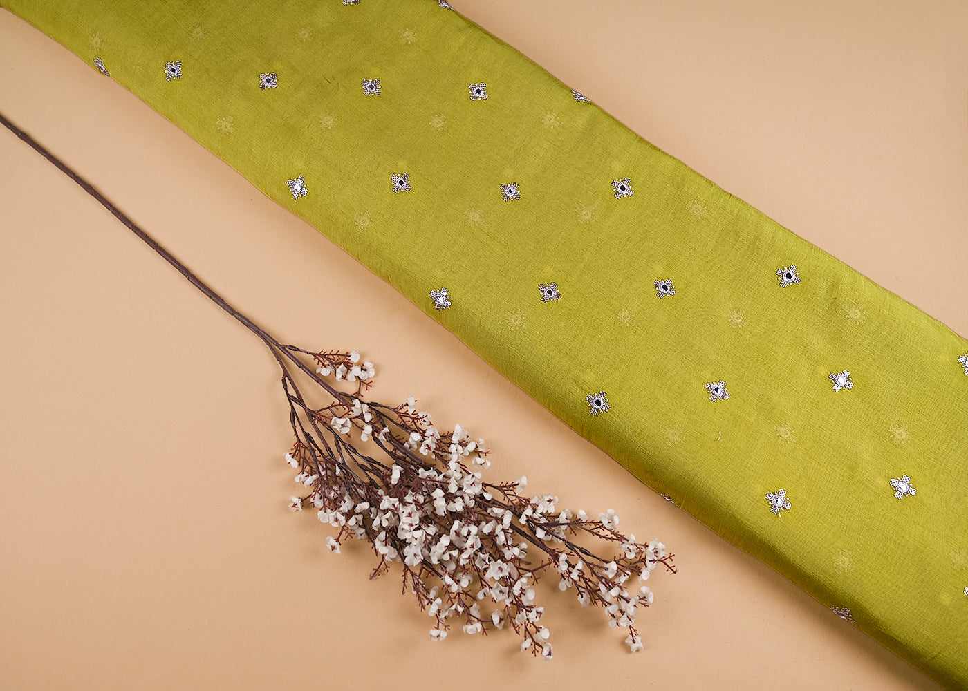 Parrot Green Chanderi Fabric With All Over Sequins, Faux Mirror And Thread Work 23423