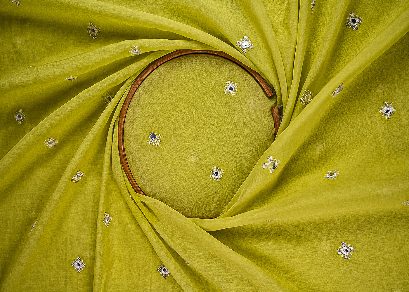 Parrot Green Chanderi Fabric With All Over Sequins, Faux Mirror And Thread Work 23423