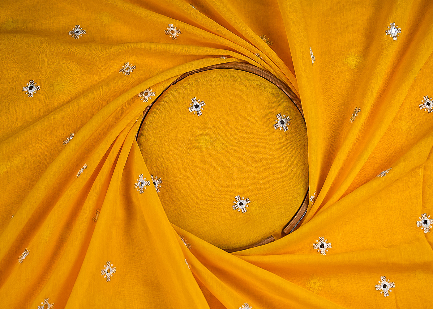 Yellow Chanderi Fabric With All Over Sequins, Faux Mirror And Thread Work 23424