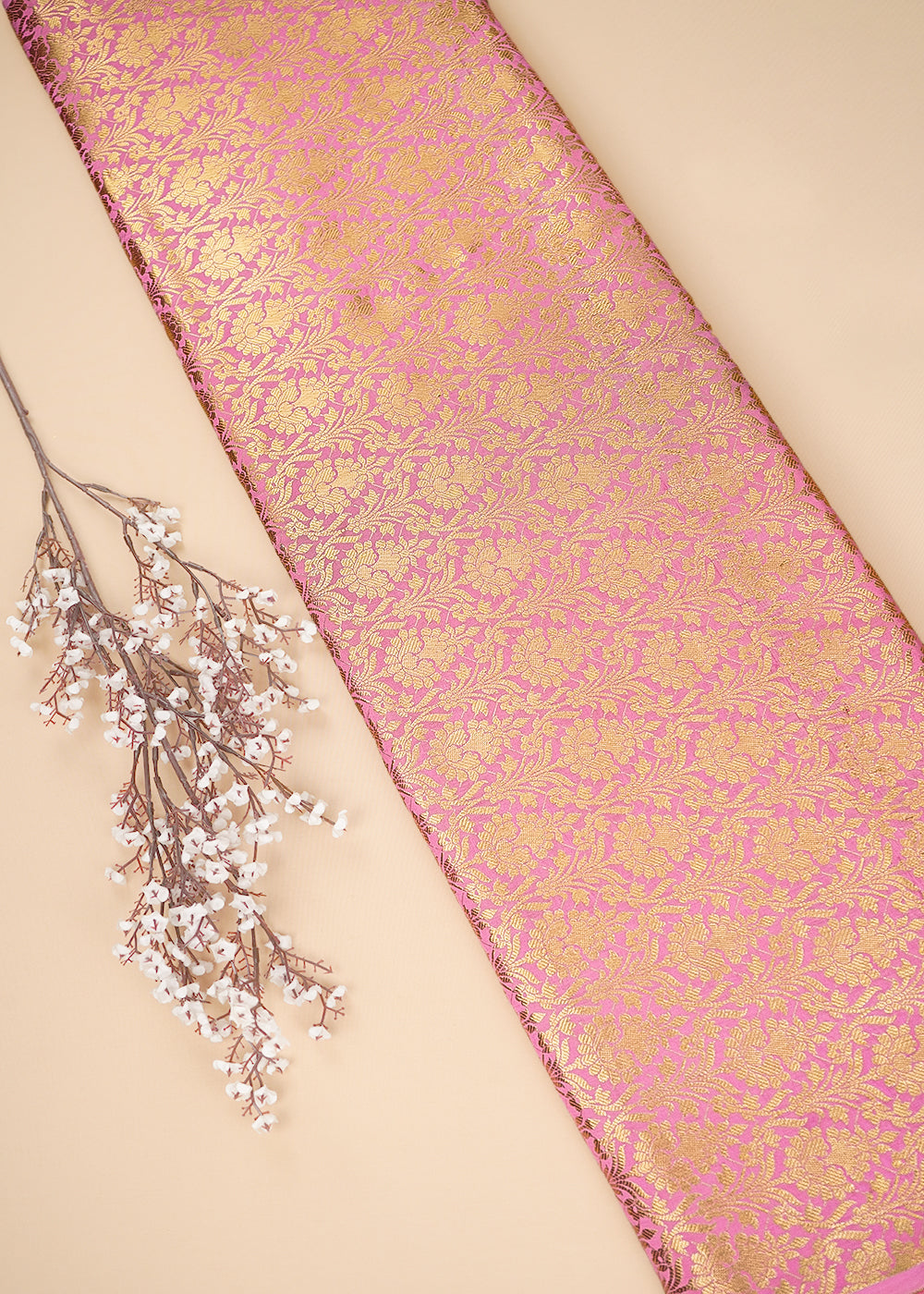 Light Pink Banarasi Brocade Fabric With All Over Golden Zari Handloom 26432