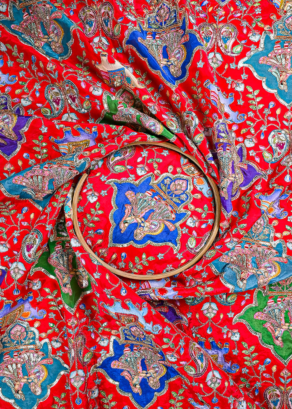 Red Crepe Fabric With All Over Zari And Sequins Work 23435