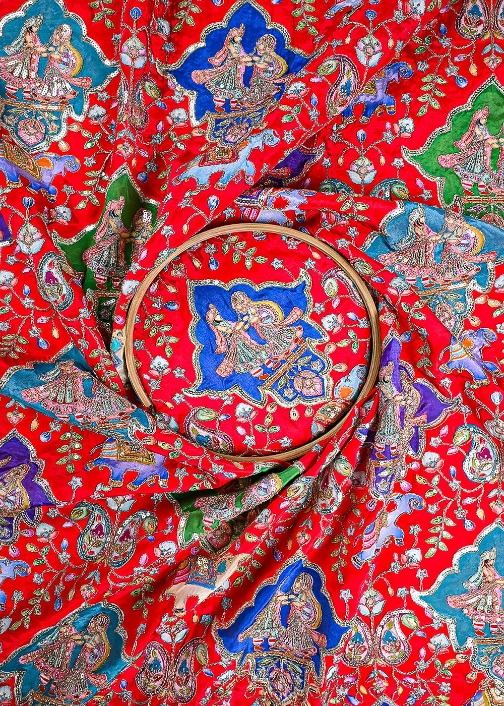 Red Crepe Fabric With All Over Zari And Sequins Work 23435