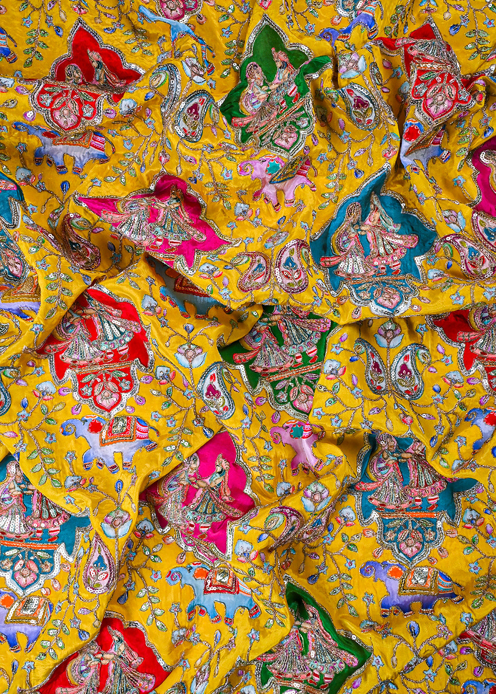 Yellow Crepe Fabric With All Over Zari And Sequins Work 23436
