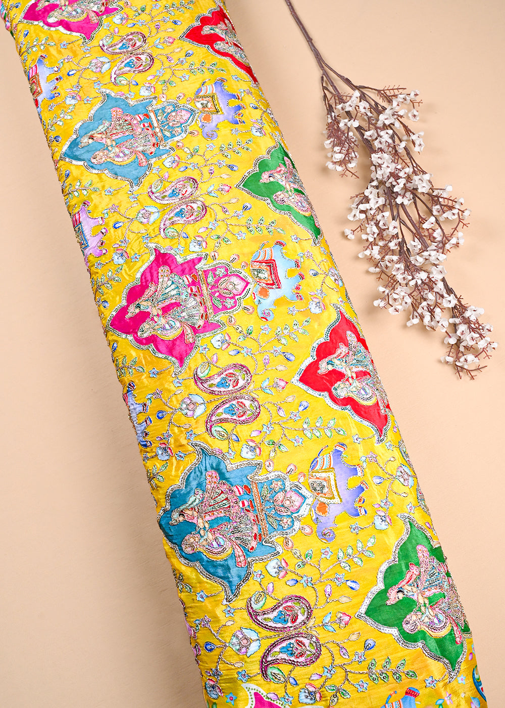 Yellow Crepe Fabric With All Over Zari And Sequins Work 23436