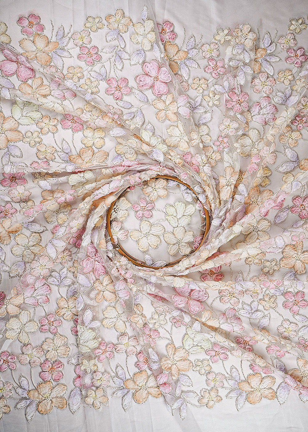 White Net Fabric With All Over Bead And Ribbon Work 23443