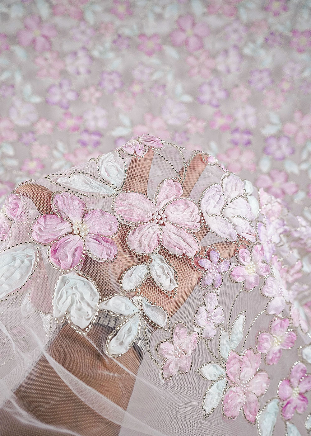 White Net Fabric With All Over Bead And Ribbon Work 23444