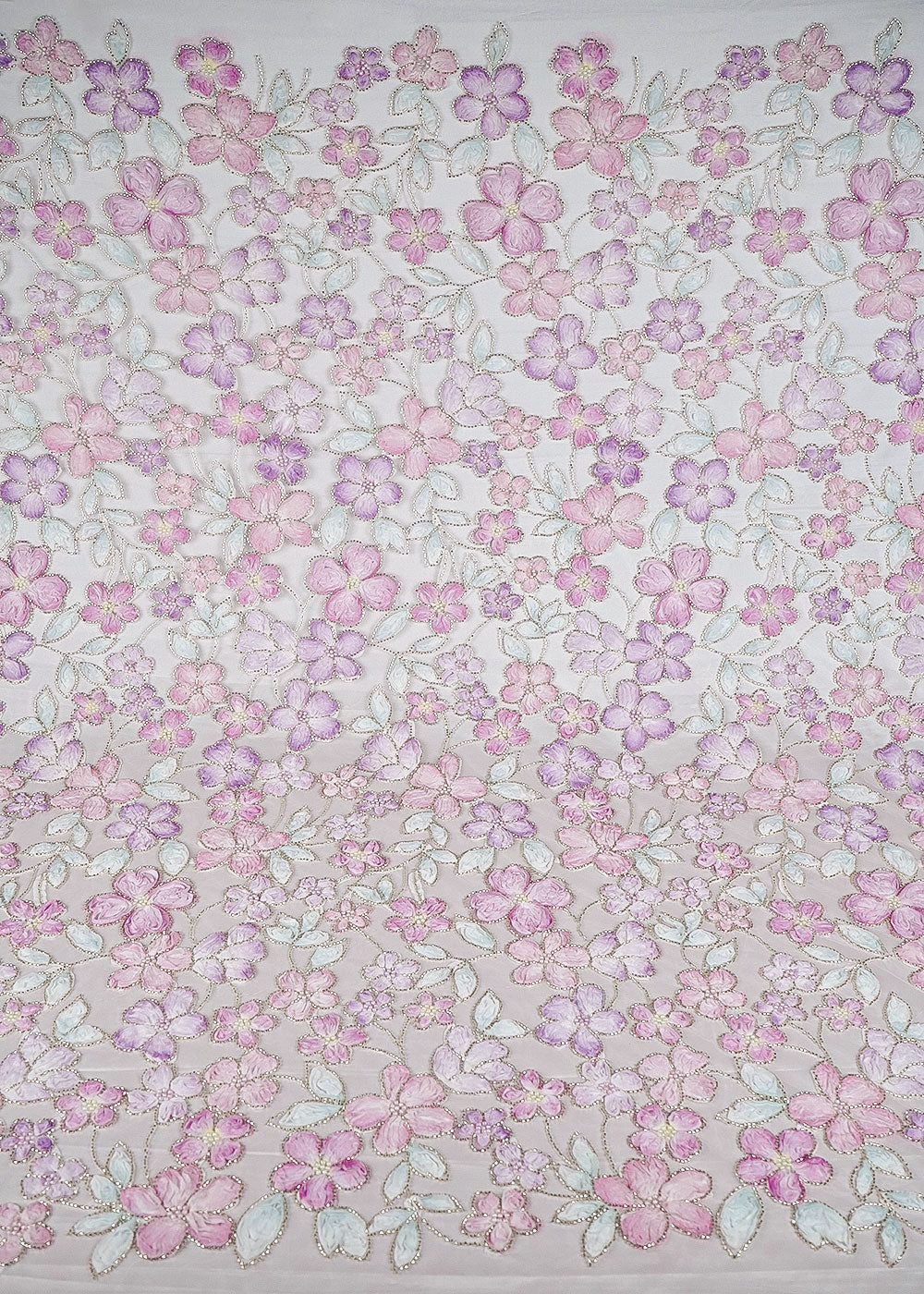White Net Fabric With All Over Bead And Ribbon Work 23444