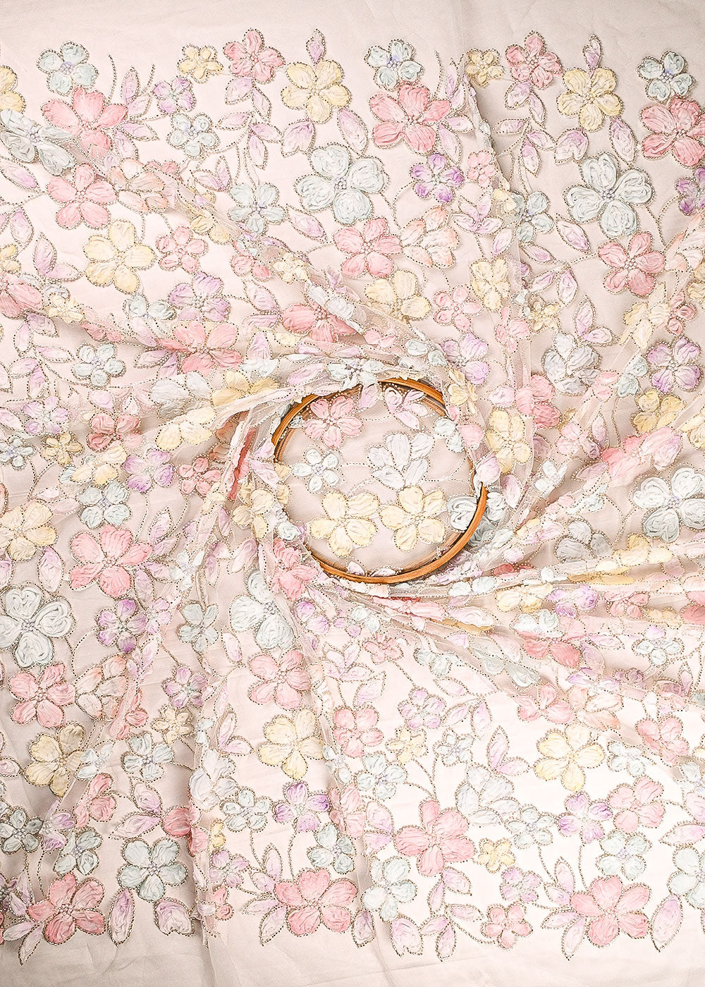 White Net Fabric With All Over Bead And Ribbon Work 23446
