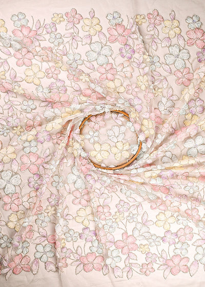 White Imported Net Fabric With All Over Bead And Ribbon Work 23446