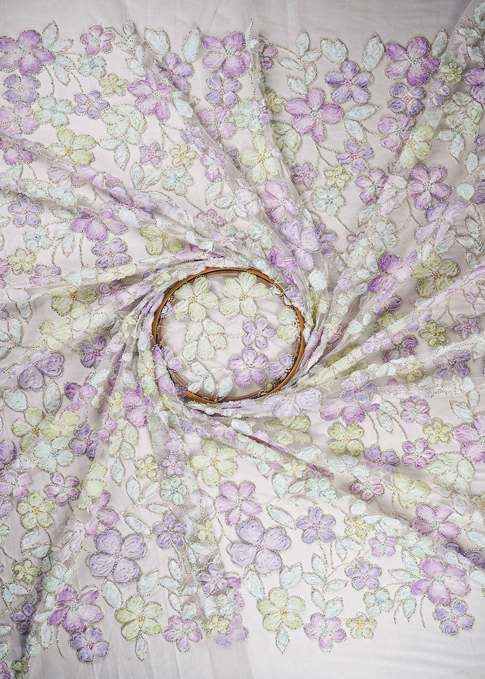 White Net Fabric With All Over Bead And Ribbon Work 23447
