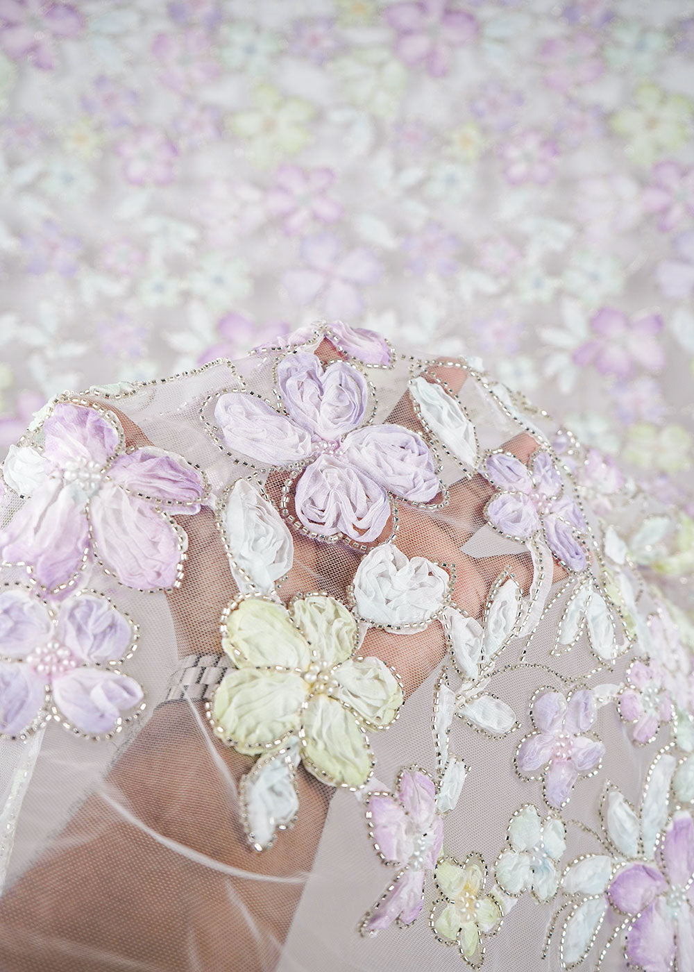 White Net Fabric With All Over Bead And Ribbon Work 23447